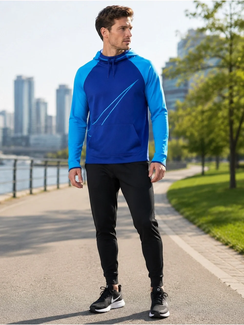 Nike Dri-FIT Two-Tone Blue Swoosh Athletic Hoodie Medium